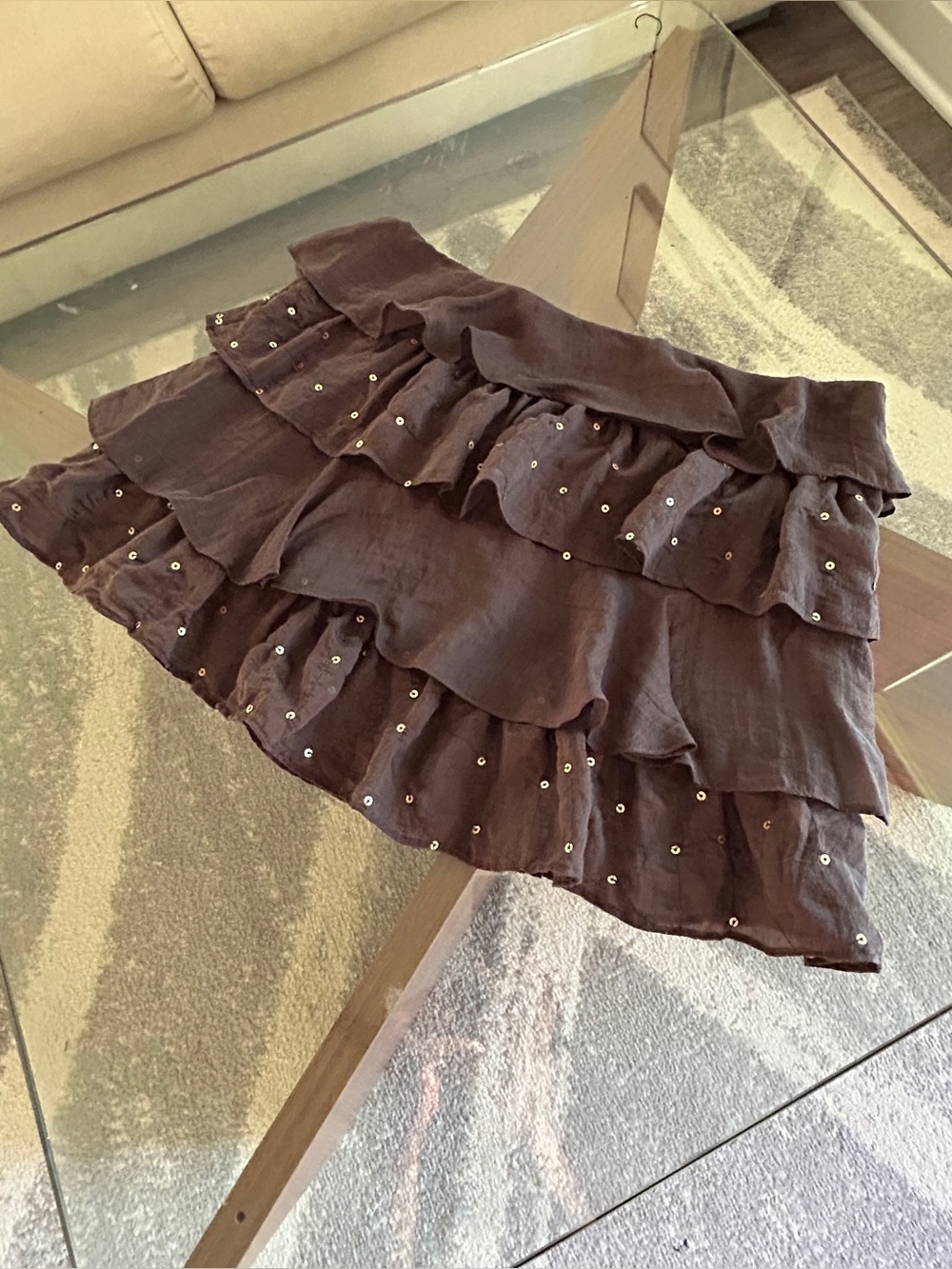 ZARA Ruffle Mini Skirt w/ Scattered Sequin. (Choc Brown)